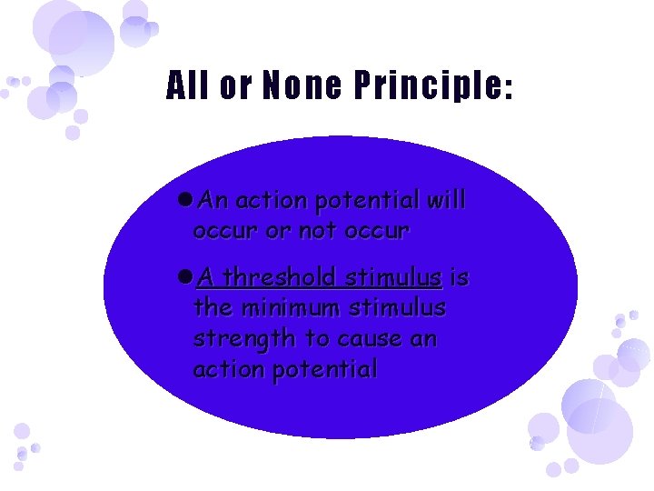 All or None Principle: An action potential will occur or not occur A threshold