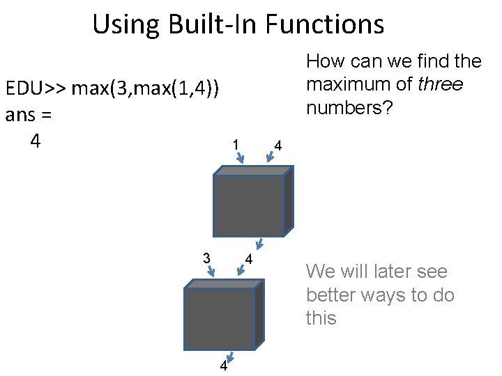 Using Built-In Functions How can we find the maximum of three numbers? EDU>> max(3,