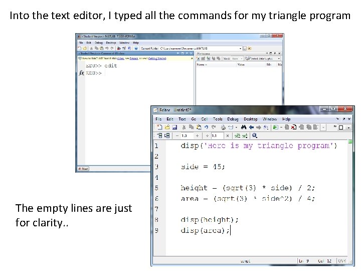 Into the text editor, I typed all the commands for my triangle program The