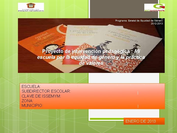 Programa Estatal de Equidad de Género 2012 -2013 Proyecto de intervención pedagógica : Mi