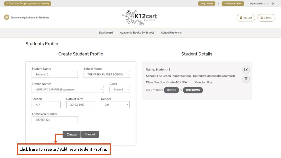 Click here to create / Add new student Profile. 