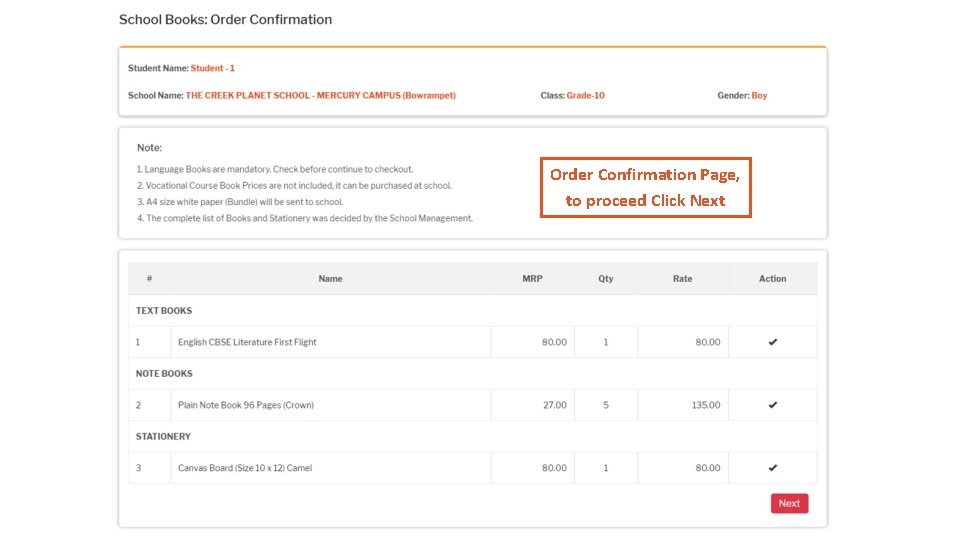 Order Confirmation Page, to proceed Click Next 