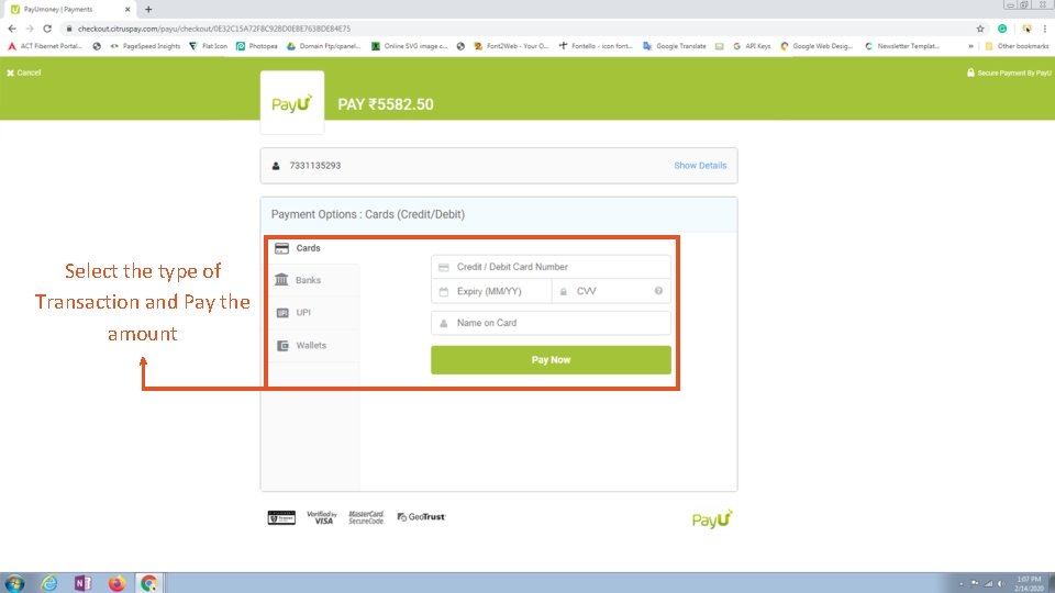 Select the type of Transaction and Pay the amount 