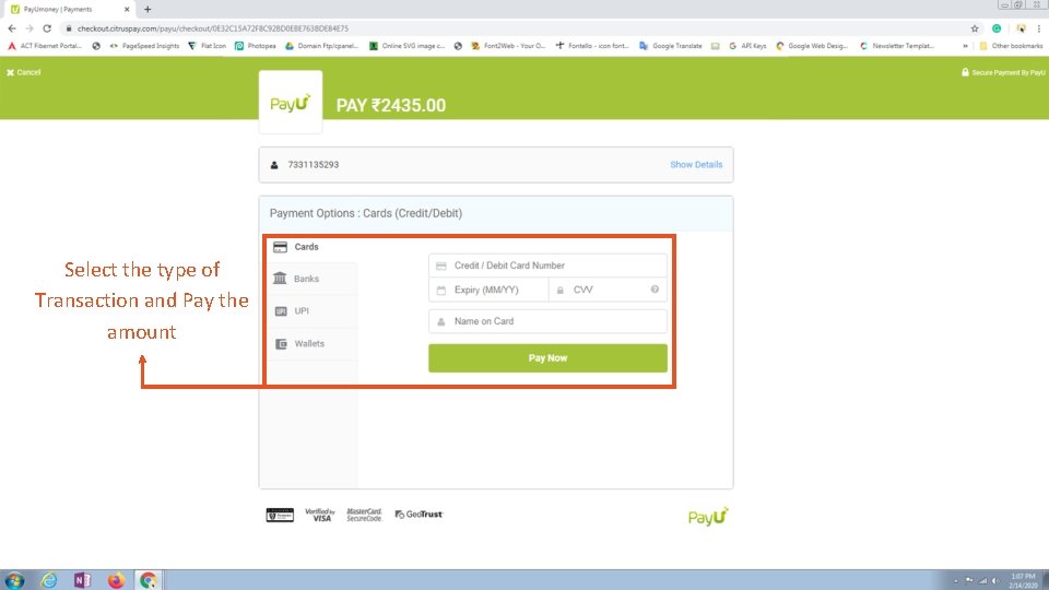 Select the type of Transaction and Pay the amount 