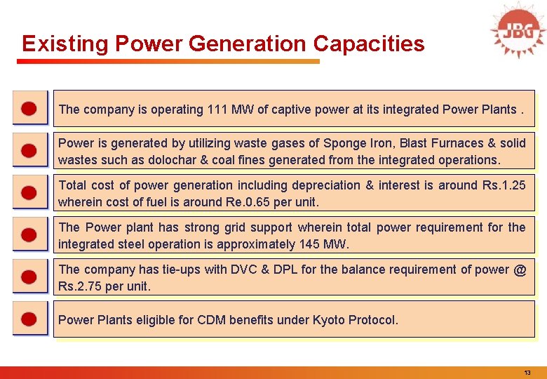 Existing Power Generation Capacities The company is operating 111 MW of captive power at