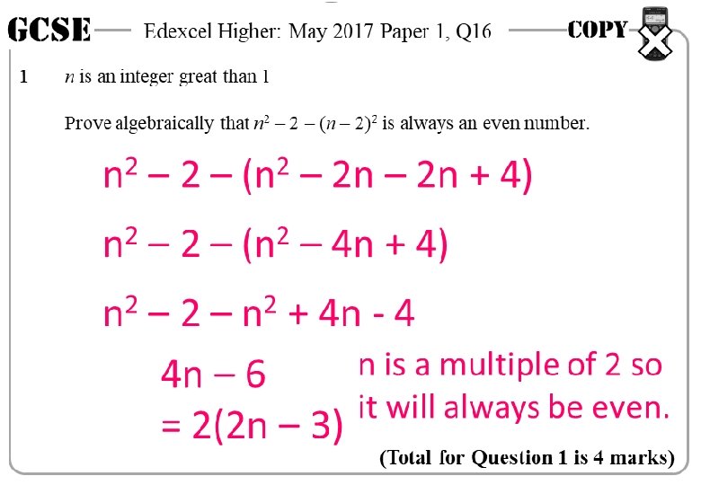 GCSE 1 Edexcel Higher: May 2017 Paper 1, Q 16 n 2 – (n