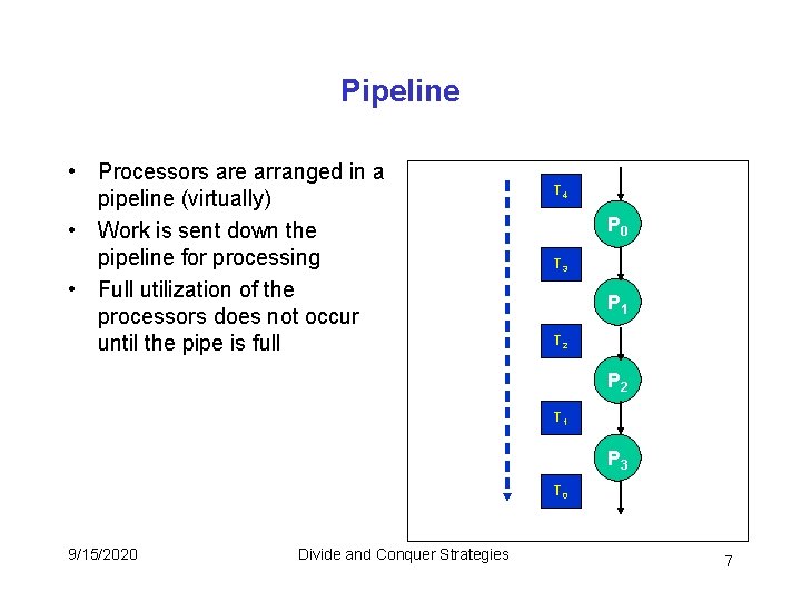 Pipeline • Processors are arranged in a pipeline (virtually) • Work is sent down Pipeline • Processors are arranged in a pipeline (virtually) • Work is sent down