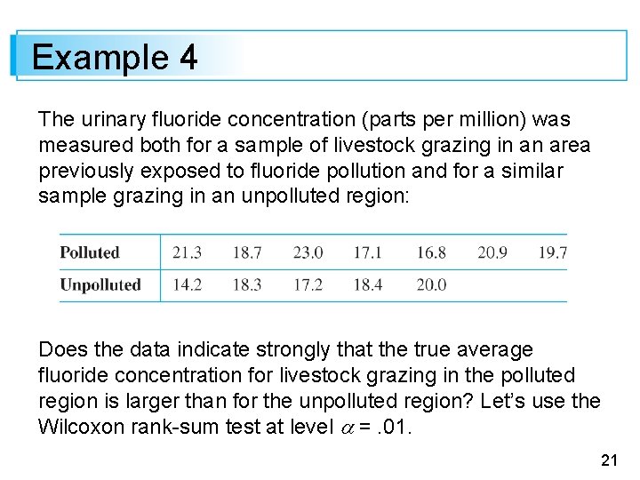 Example 4 The urinary fluoride concentration (parts per million) was measured both for a