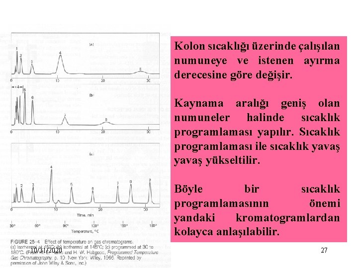 Kolon sıcaklığı üzerinde çalışılan numuneye ve istenen ayırma derecesine göre değişir. Kaynama aralığı geniş