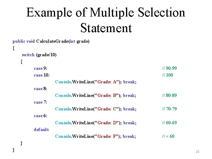 Example of Multiple Selection Statement public void Calculate. Grade(int grade) { switch (grade/10) {
