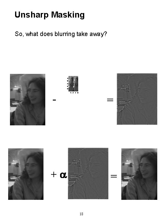 Unsharp Masking So, what does blurring take away? - = +a = 18 
