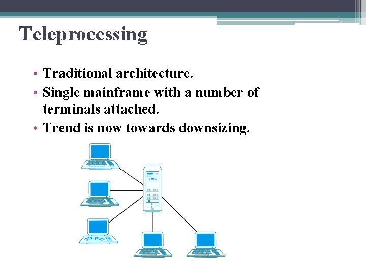 Teleprocessing • Traditional architecture. • Single mainframe with a number of terminals attached. • Teleprocessing • Traditional architecture. • Single mainframe with a number of terminals attached. •