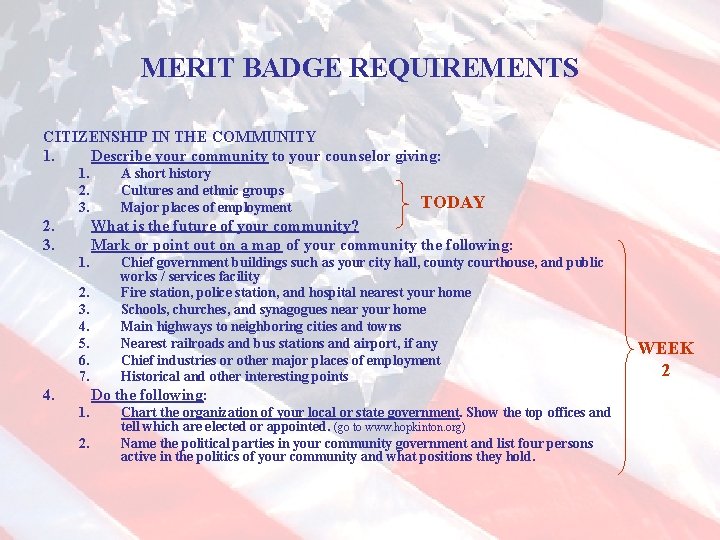 MERIT BADGE REQUIREMENTS CITIZENSHIP IN THE COMMUNITY 1. Describe your community to your counselor