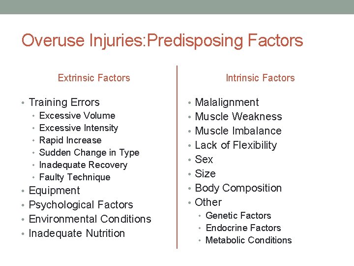 Overuse Injuries: Predisposing Factors Extrinsic Factors • Training Errors • Excessive Volume • Excessive