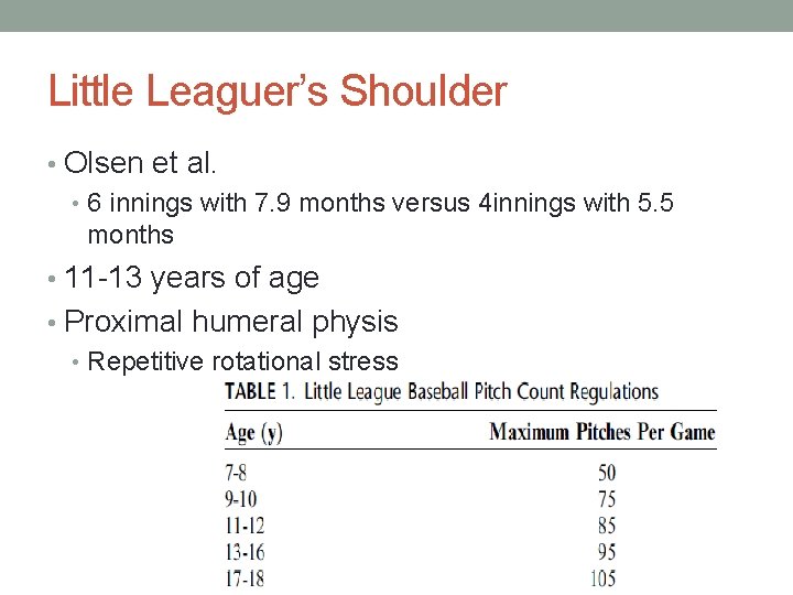 Little Leaguer’s Shoulder • Olsen et al. • 6 innings with 7. 9 months