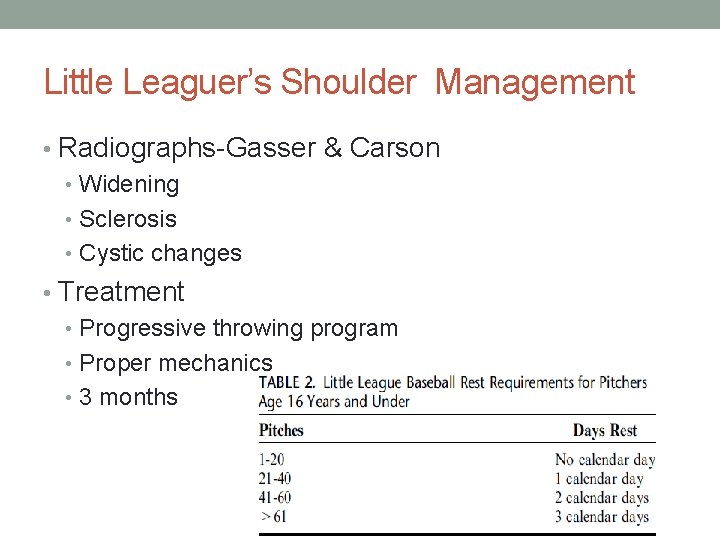 Little Leaguer’s Shoulder Management • Radiographs-Gasser & Carson • Widening • Sclerosis • Cystic