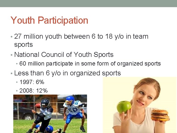 Youth Participation • 27 million youth between 6 to 18 y/o in team sports