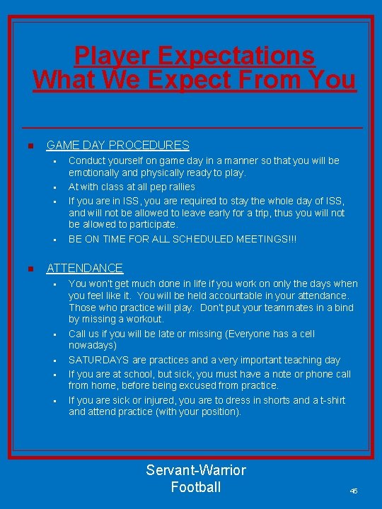Player Expectations What We Expect From You n GAME DAY PROCEDURES § § n