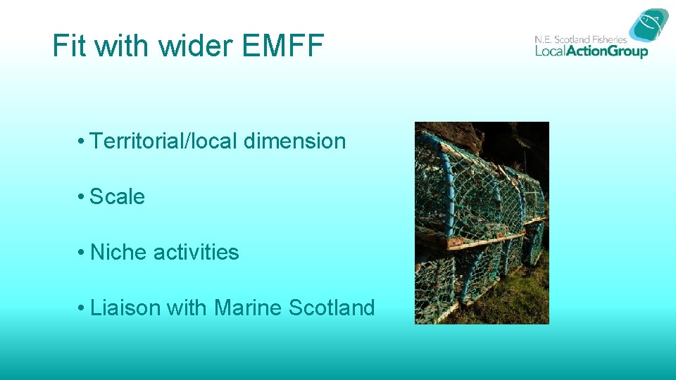 Fit with wider EMFF • Territorial/local dimension • Scale • Niche activities • Liaison