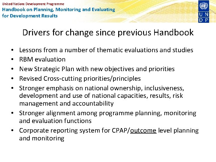 United Nations Development Programme Handbook on Planning, Monitoring and Evaluating for Development Results Drivers