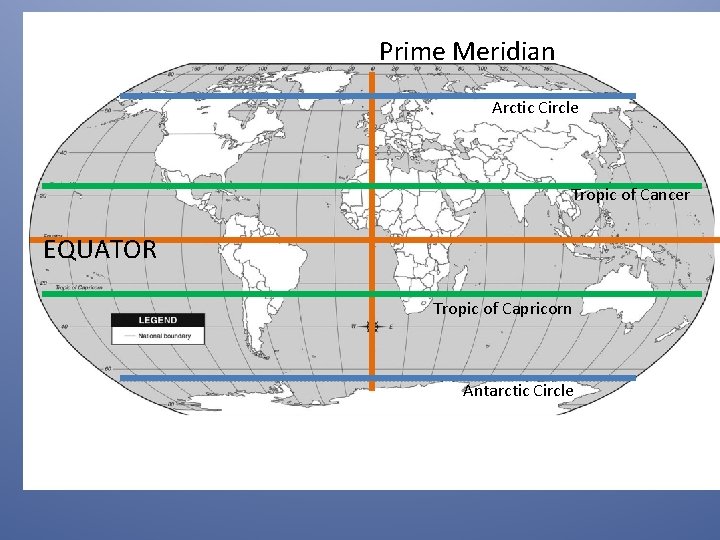 Prime Meridian Arctic Circle Tropic of Cancer EQUATOR Tropic of Capricorn Antarctic Circle 