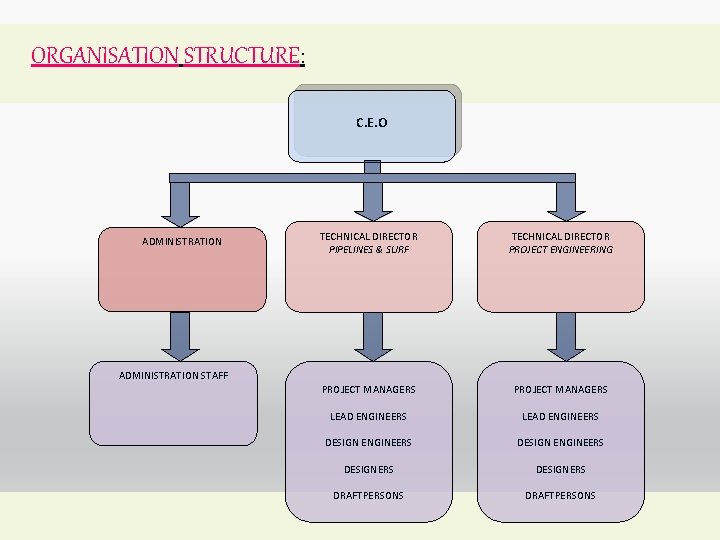 ORGANISATION STRUCTURE: C. E. O ADMINISTRATION TECHNICAL DIRECTOR PIPELINES & SURF TECHNICAL DIRECTOR PROJECT