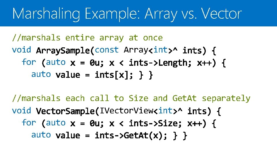 Marshaling Example: Array vs. Vector //marshals entire array at once void const Array int