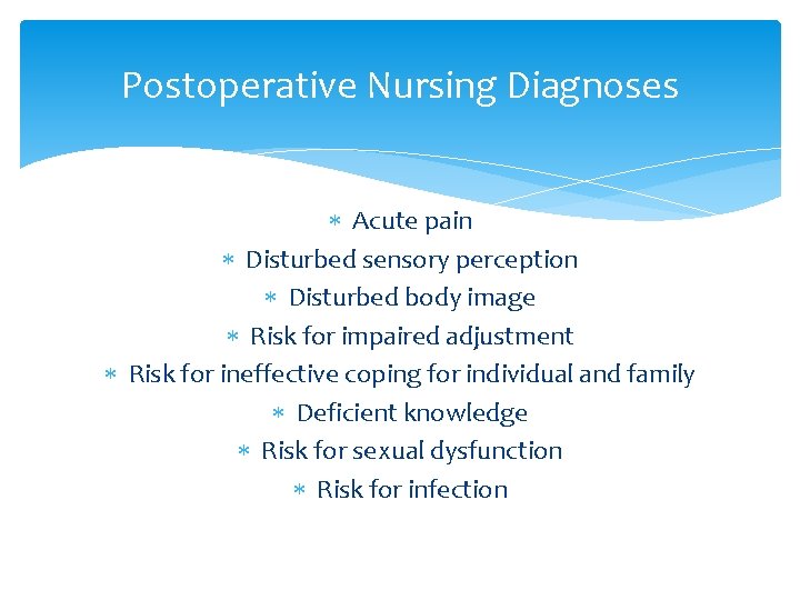 Postoperative Nursing Diagnoses Acute pain Disturbed sensory perception Disturbed body image Risk for impaired