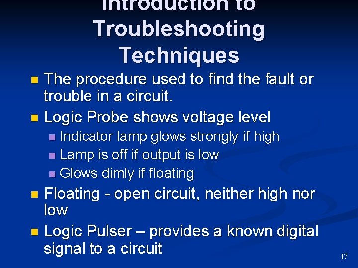 Introduction to Troubleshooting Techniques The procedure used to find the fault or trouble in