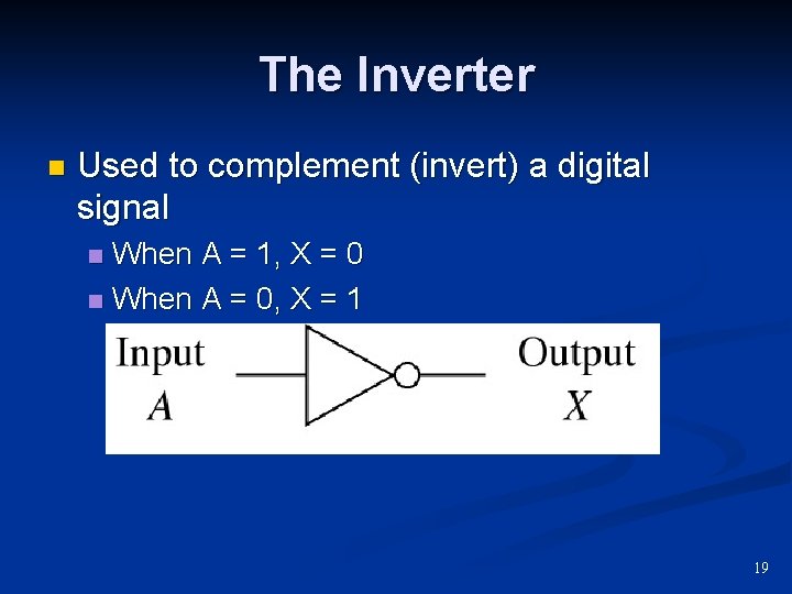 The Inverter n Used to complement (invert) a digital signal When A = 1,