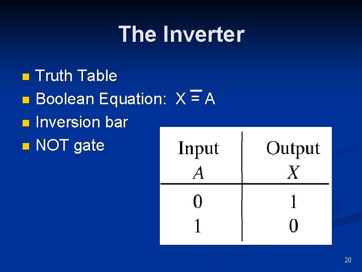 The Inverter Truth Table n Boolean Equation: X = A n Inversion bar n