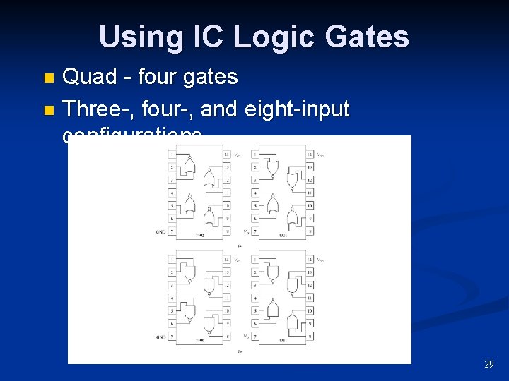 Using IC Logic Gates Quad - four gates n Three-, four-, and eight-input configurations