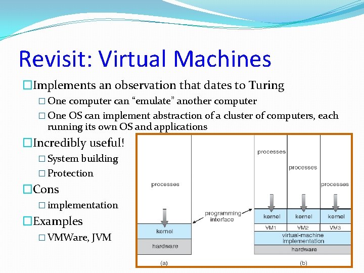 Revisit: Virtual Machines �Implements an observation that dates to Turing � One computer can Revisit: Virtual Machines �Implements an observation that dates to Turing � One computer can