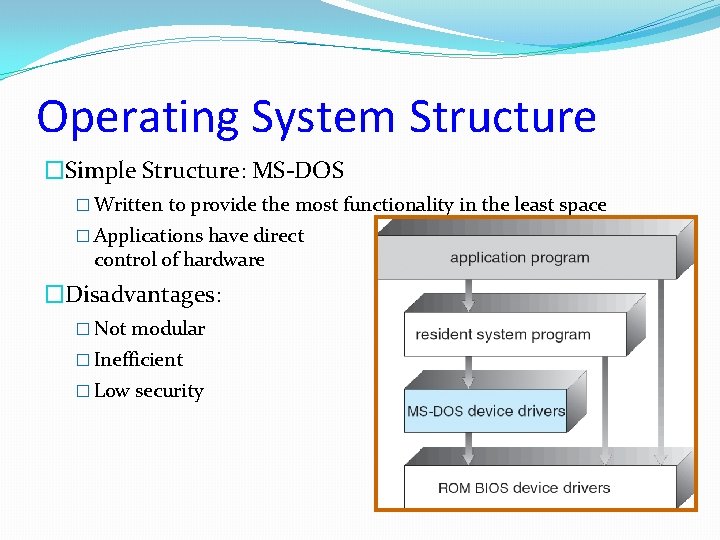 Operating System Structure �Simple Structure: MS-DOS � Written to provide the most functionality in Operating System Structure �Simple Structure: MS-DOS � Written to provide the most functionality in