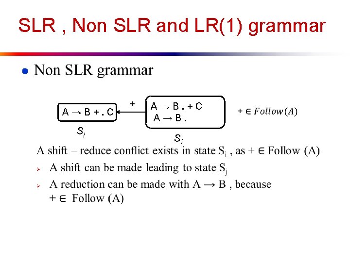 SLR , Non SLR and LR(1) grammar ● A → B +. C Sj