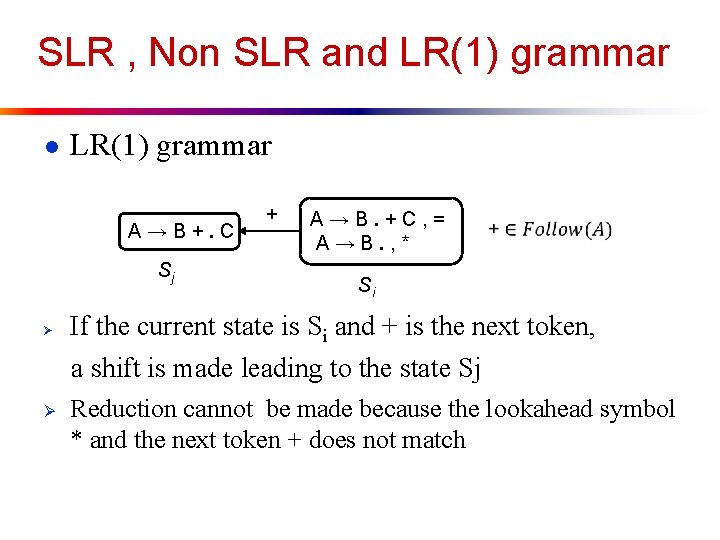 SLR , Non SLR and LR(1) grammar ● LR(1) grammar A → B +.