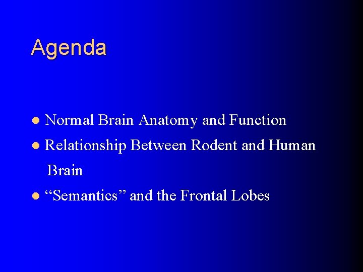 Agenda l Normal Brain Anatomy and Function l Relationship Between Rodent and Human Brain