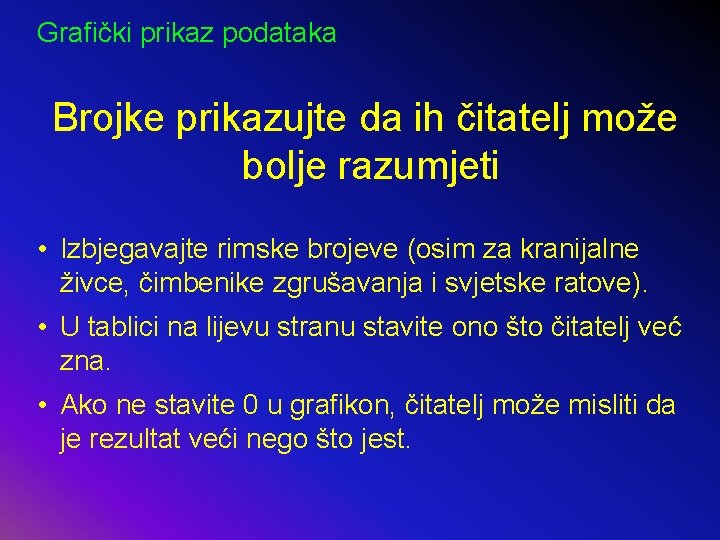 Grafički prikaz podataka Brojke prikazujte da ih čitatelj može bolje razumjeti • Izbjegavajte rimske