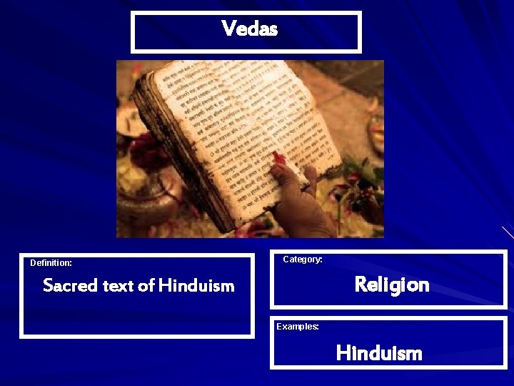 Vedas Definition: Category: Religion Sacred text of Hinduism Examples: Hinduism 