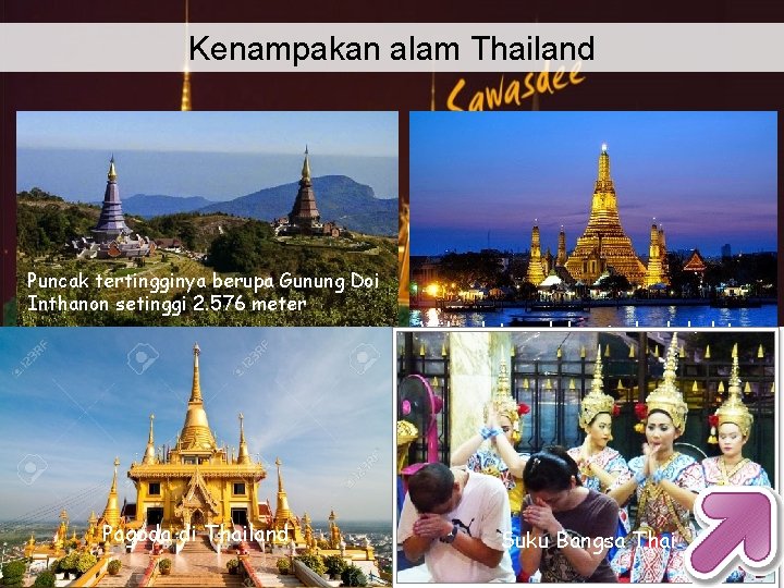 Kenampakan alam Thailand Puncak tertingginya berupa Gunung Doi Inthanon setinggi 2. 576 meter Pagoda