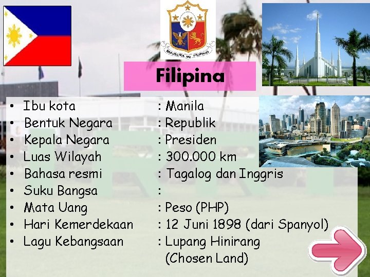 Filipina • • • Ibu kota Bentuk Negara Kepala Negara Luas Wilayah Bahasa resmi