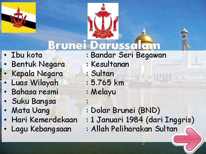  • • • Brunei Darussalam Ibu kota Bentuk Negara Kepala Negara Luas Wilayah