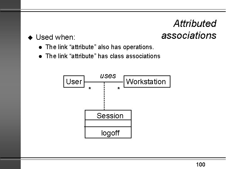 u Attributed associations Used when: l l The link “attribute” also has operations. The