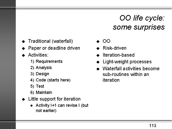 OO life cycle: some surprises u u u Traditional (waterfall) Paper or deadline driven