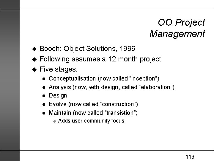 OO Project Management u u u Booch: Object Solutions, 1996 Following assumes a 12