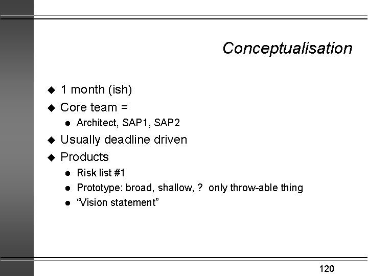 Conceptualisation u u 1 month (ish) Core team = l u u Architect, SAP