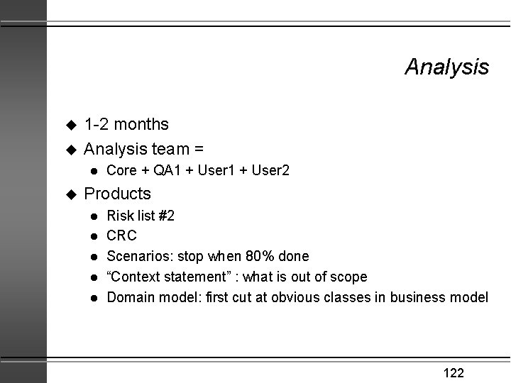 Analysis u u 1 -2 months Analysis team = l u Core + QA