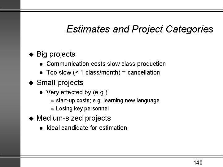 Estimates and Project Categories u Big projects l l u Communication costs slow class