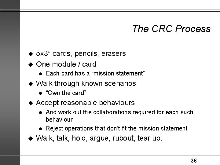 The CRC Process u u 5 x 3” cards, pencils, erasers One module /