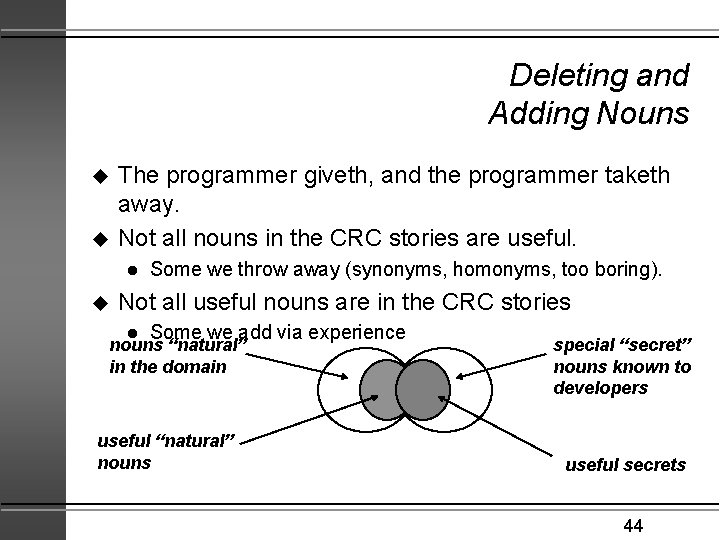 Deleting and Adding Nouns u u The programmer giveth, and the programmer taketh away.